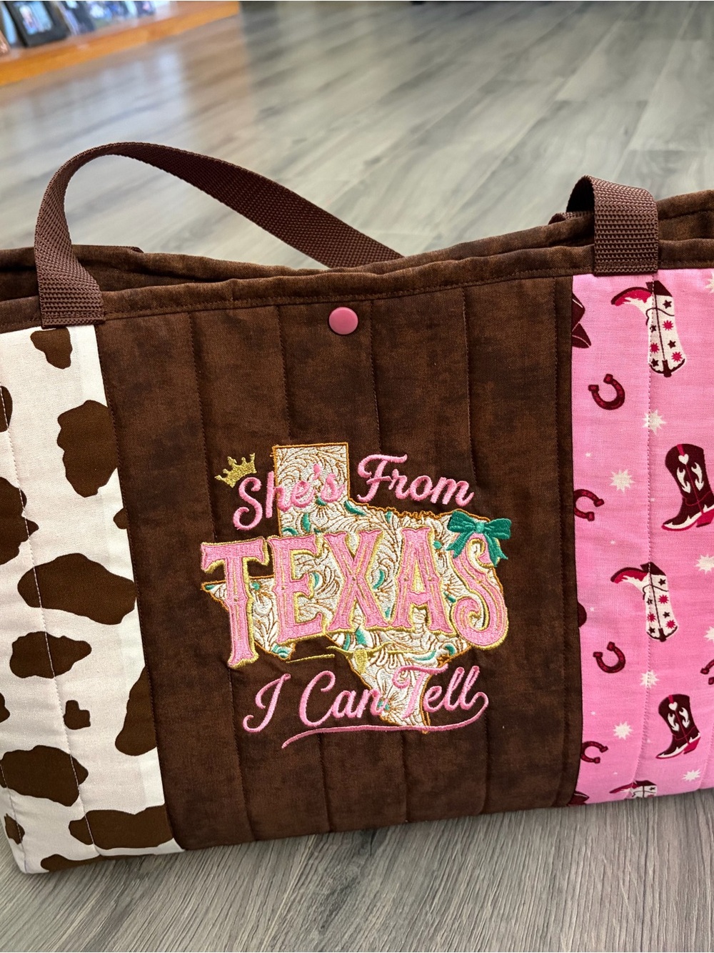 Brown and Pink Embroidered 'She's From Texas' Tote Bag